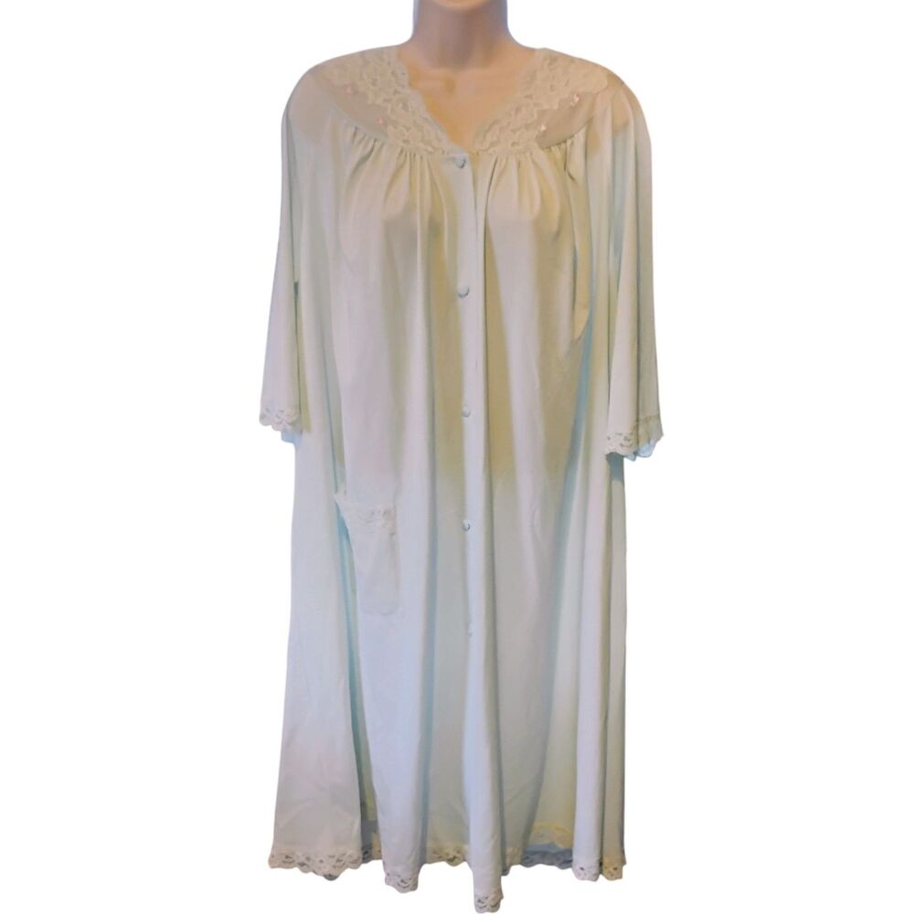 Vintage Silky Light Mint Green Nightgown Robe Button Front Lace Trim XL/XXL